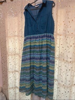 Speed Control Sleeveless Denim Bodice Dress with Blue and Green Chevron Skirt